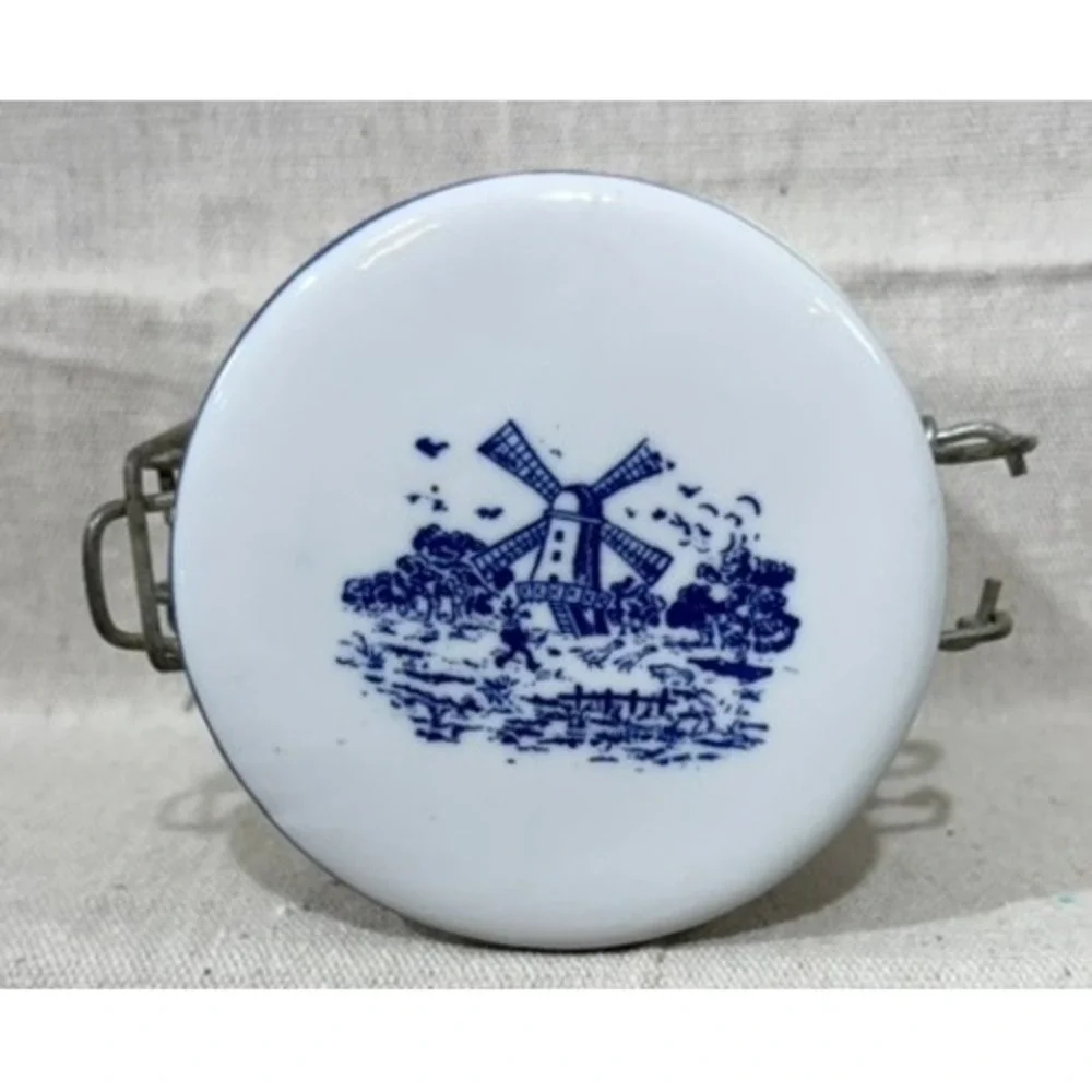 Teleflora Blue White Windmill Ceramic Canister Wire Bale Jar 5.5in Dutch Style